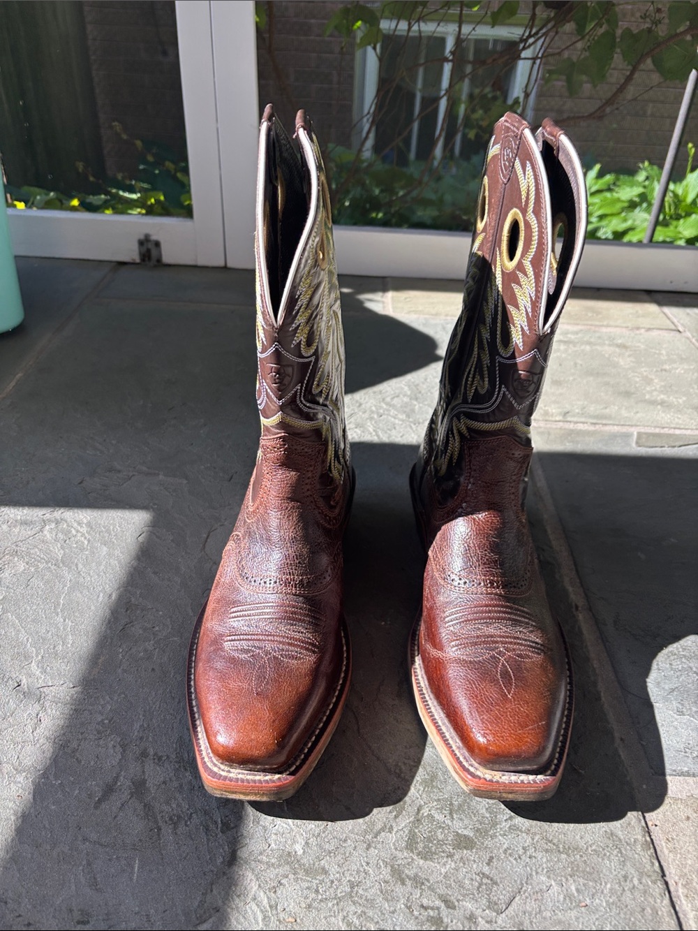 Ariat Brown Leather Cowboy Boots with Yellow Embroidery - Picture 4 of 5